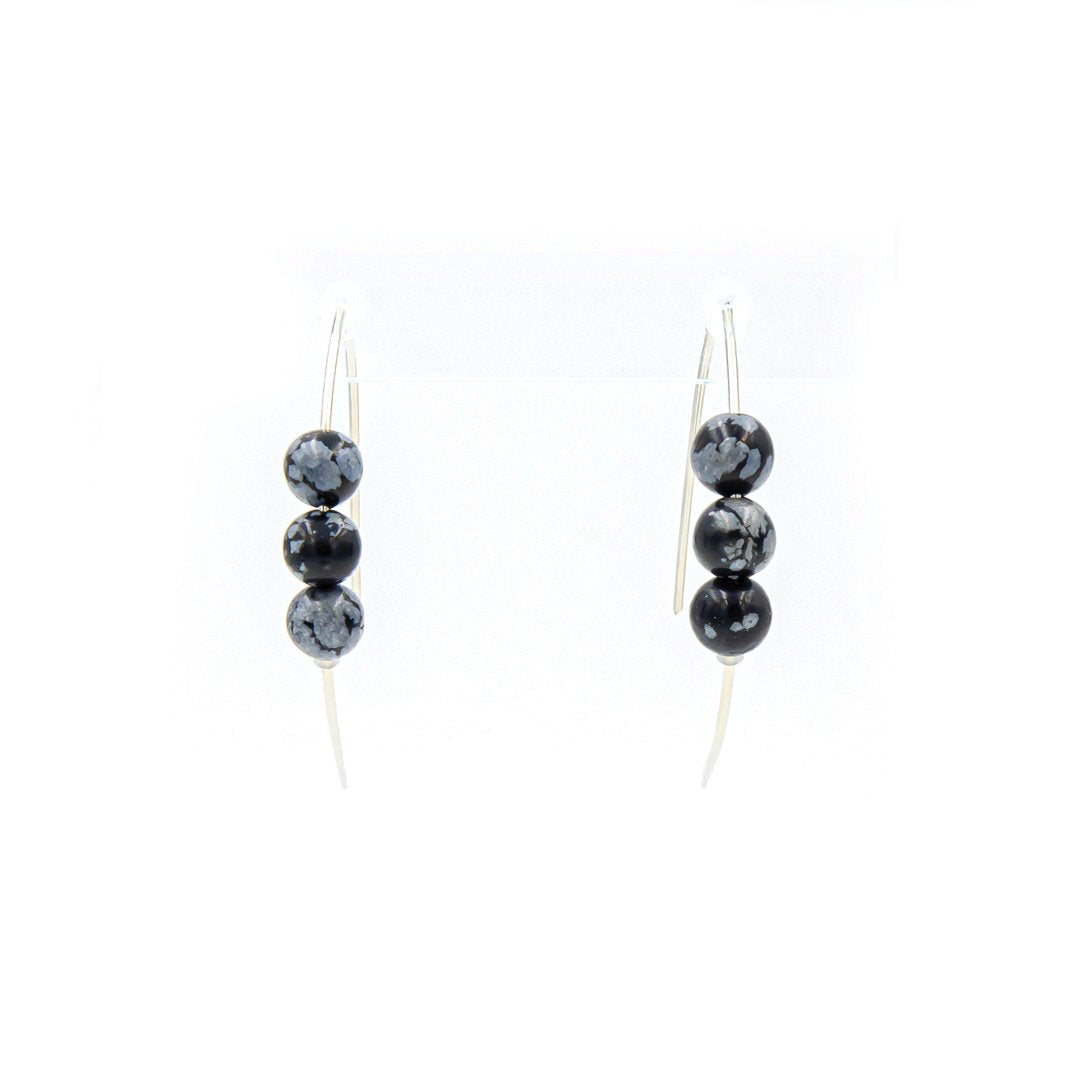 Handmade Snowflake Obsidian Curves Hammered Sterling Silver Earrings