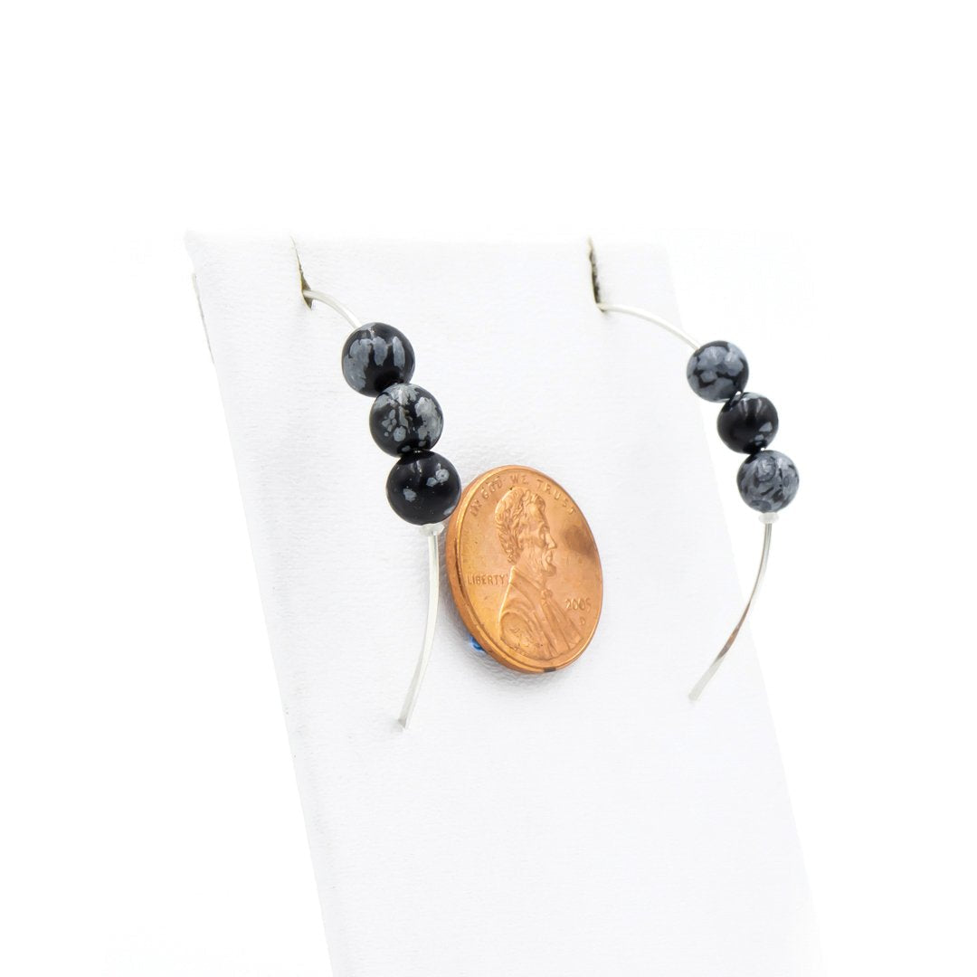 Handmade Snowflake Obsidian Curves Hammered Sterling Silver Earrings