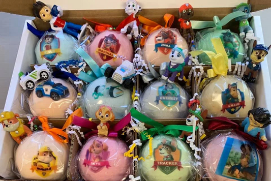 12 XL Bath Bomb Fizzies with Surprise Paws Patrol Figure Inside - Handmade, Natural Ingredients, Fruity, Kid-Friendly Scents