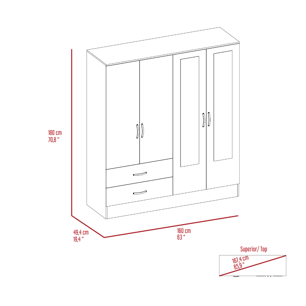 Gangi 160 Armoire, Double Door Cabinet, Two Mirrors, Two Drawers, Rod, Six Shelves - Spacious and Elegant Storage Solution