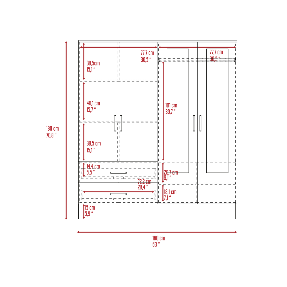 Gangi 160 Armoire, Double Door Cabinet, Two Mirrors, Two Drawers, Rod, Six Shelves - Spacious and Elegant Storage Solution