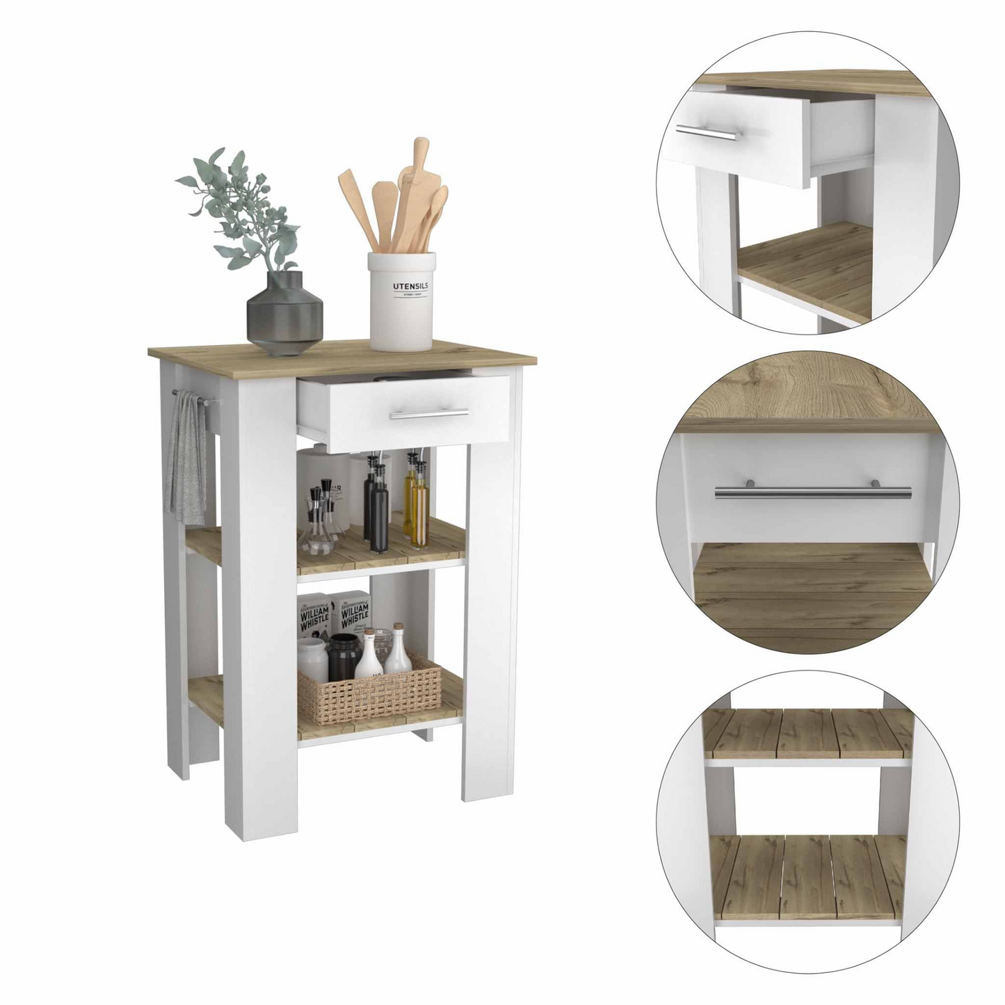 Delos 23 Kitchen Island, Two Shelves, Two Drawers - Functional and Stylish