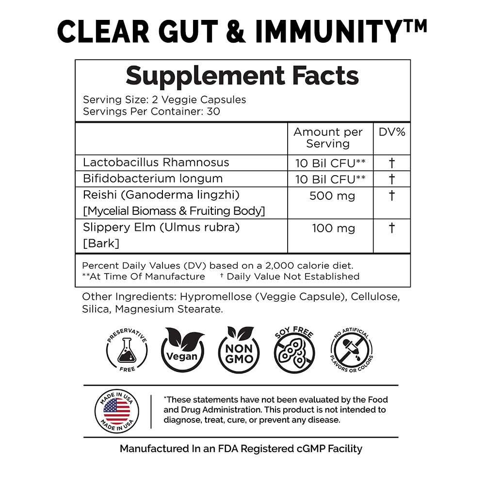 Boost Gut Health and Immunity with Clear Gut & Immunity - Probiotics, Reishi Mushroom, and Slippery Elm