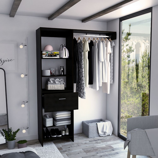 Dynamic Closet System with Five Open Shelves, One Drawer, and One Metal Rod