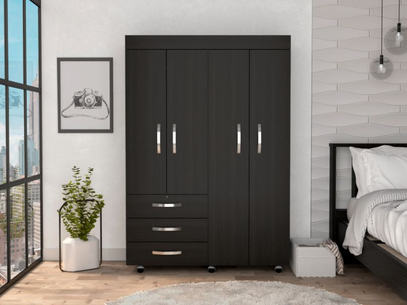 Hamilton Mobile Armoire, Double Door Cabinet, Three Drawers, Rods - Elegant Black Wengue Finish