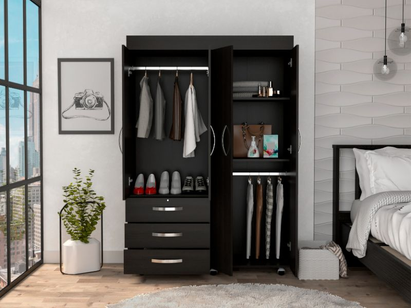 Hamilton Mobile Armoire, Double Door Cabinet, Three Drawers, Rods - Elegant Black Wengue Finish