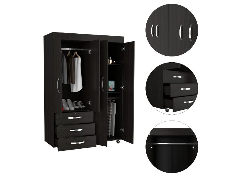 Hamilton Mobile Armoire, Double Door Cabinet, Three Drawers, Rods - Elegant Black Wengue Finish