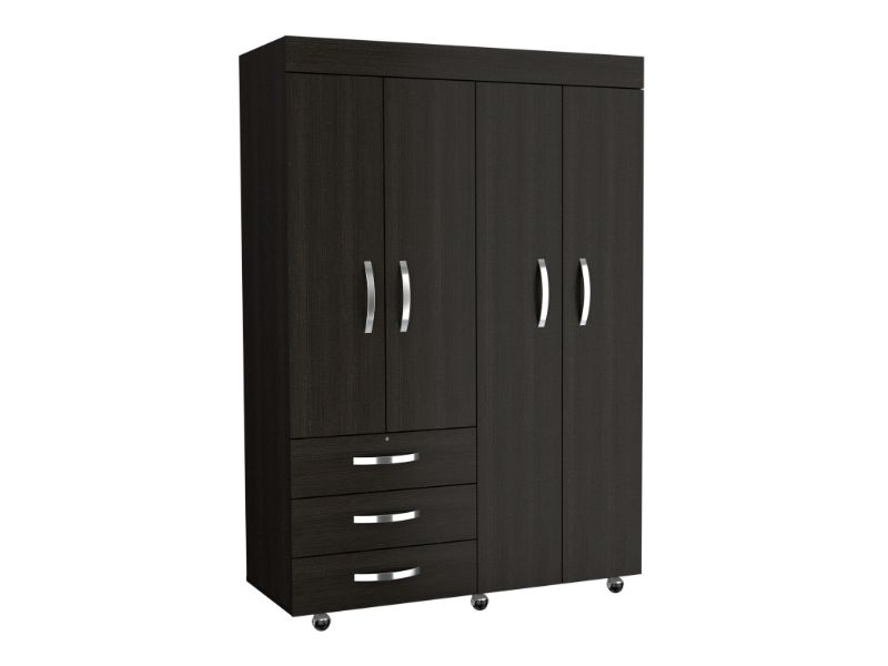 Hamilton Mobile Armoire, Double Door Cabinet, Three Drawers, Rods - Elegant Black Wengue Finish