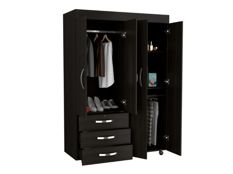 Hamilton Mobile Armoire, Double Door Cabinet, Three Drawers, Rods - Elegant Black Wengue Finish