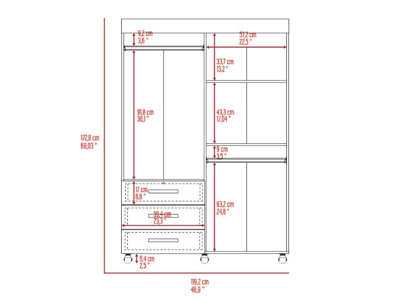 Hamilton Mobile Armoire, Double Door Cabinet, Three Drawers, Rods - Elegant Black Wengue Finish