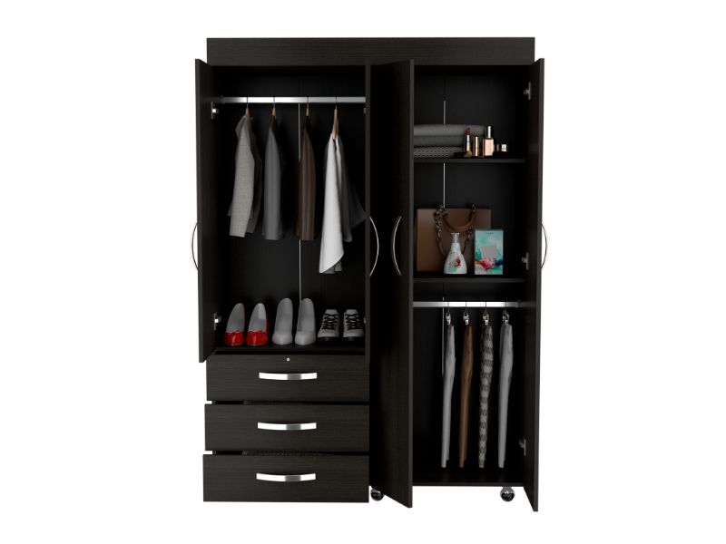 Hamilton Mobile Armoire, Double Door Cabinet, Three Drawers, Rods - Elegant Black Wengue Finish