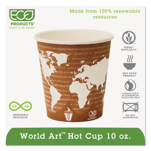 Eco-Products 10 oz World Art Hot Beverage Cups - Leakproof, Plant-Based Resin Lining