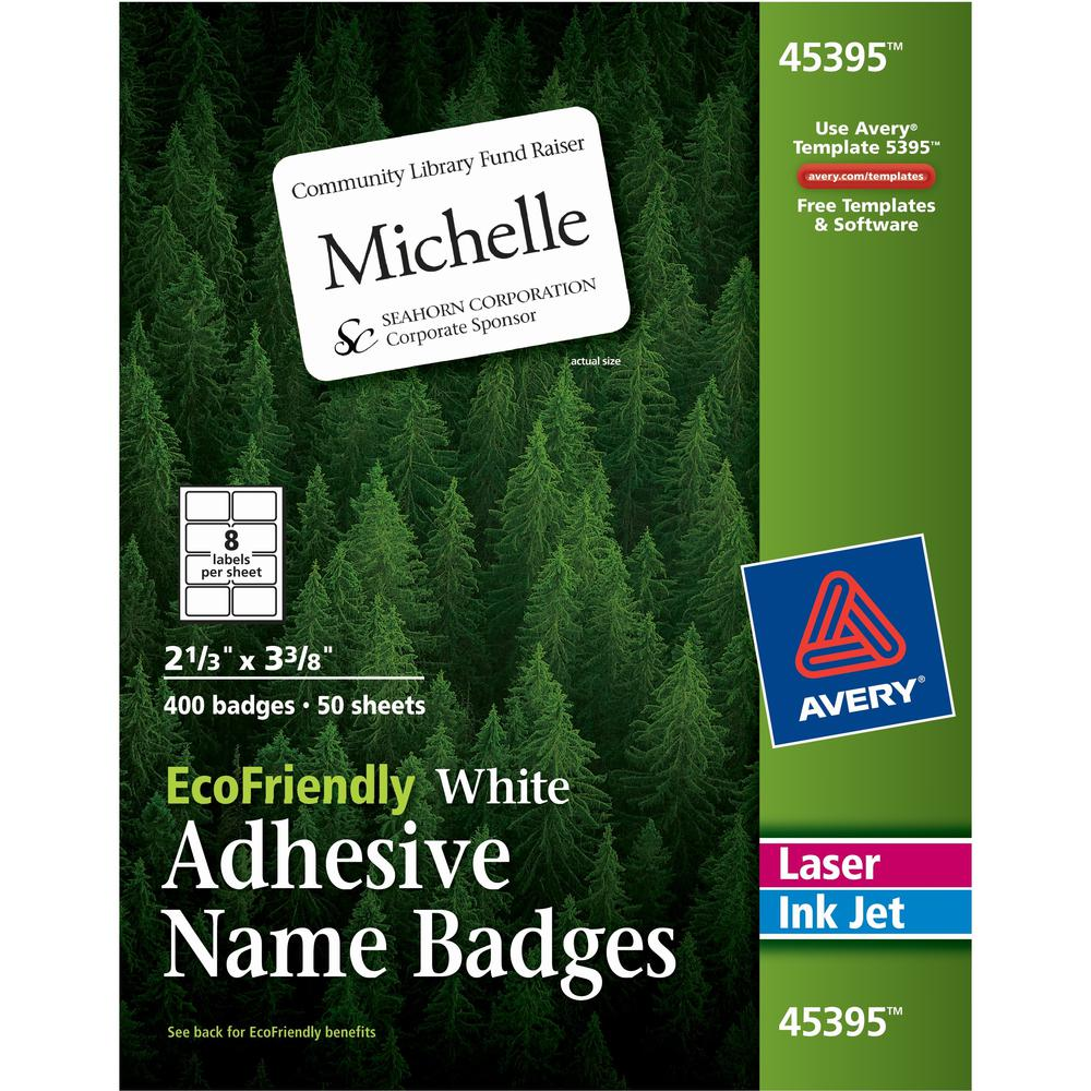 Avery® Eco-friendly Premium Name Badge Labels - 2 21/64" Width x 3 3/8" Length - Removable Adhesive - Rectangle - Laser, Inkjet - White - Paper - 8 / Sheet - 50 Total Sheets - 400 Total Labels