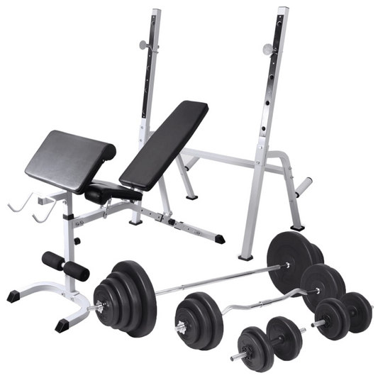 vidaXL Workout Bench with Weight Rack, Barbell and Dumbbell Set - Total Body Exercise Equipment