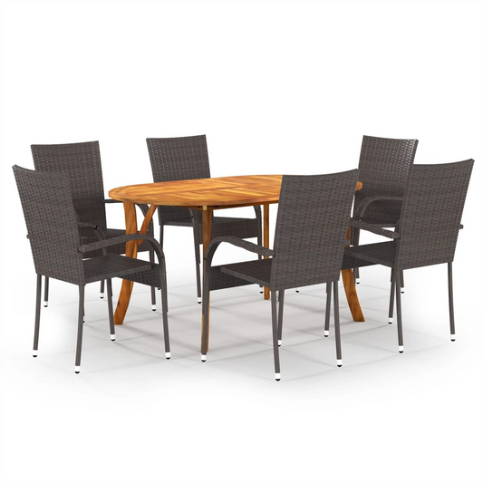 vidaXL 7 Piece Patio Dining Set Brown - Solid Acacia Wood - Weather-Resistant PE Rattan - Easy to Clean