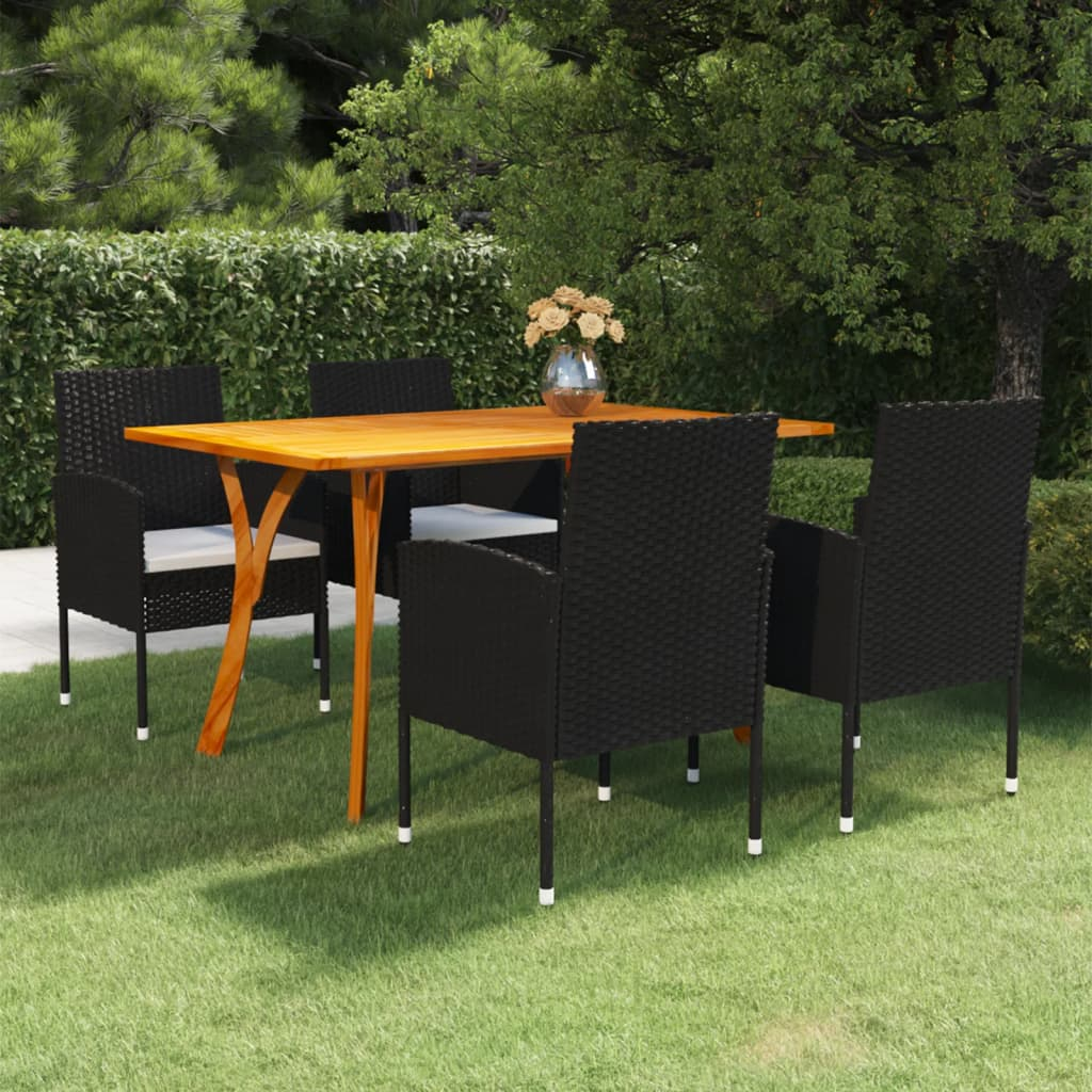 vidaXL 5 Piece Patio Dining Set Black - Sturdy Acacia Wood Table and PE Rattan Chairs