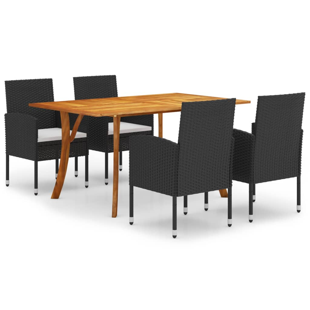vidaXL 5 Piece Patio Dining Set Black - Sturdy Acacia Wood Table and PE Rattan Chairs