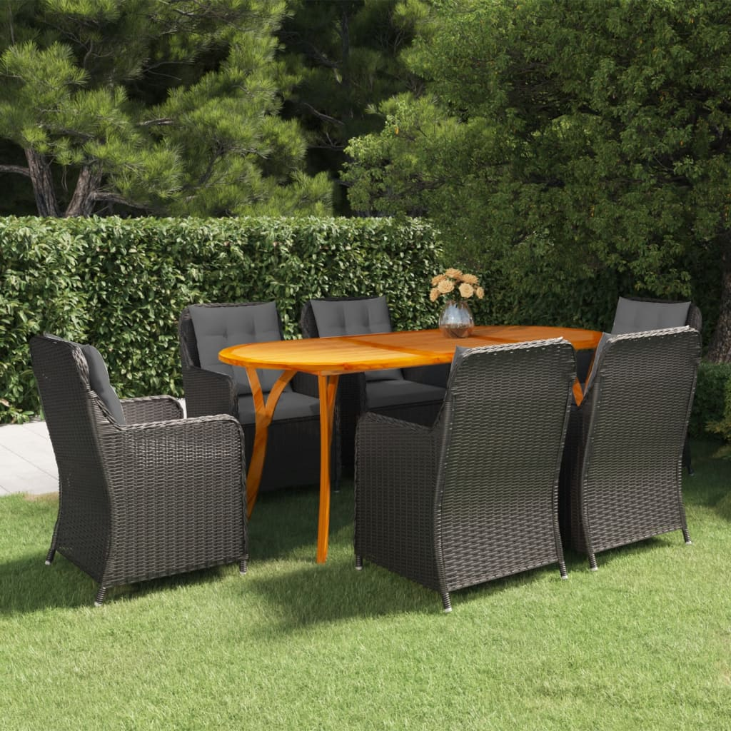 vidaXL 7 Piece Patio Dining Set Black - Sturdy Acacia Wood Table and Weather-Resistant PE Rattan Chairs