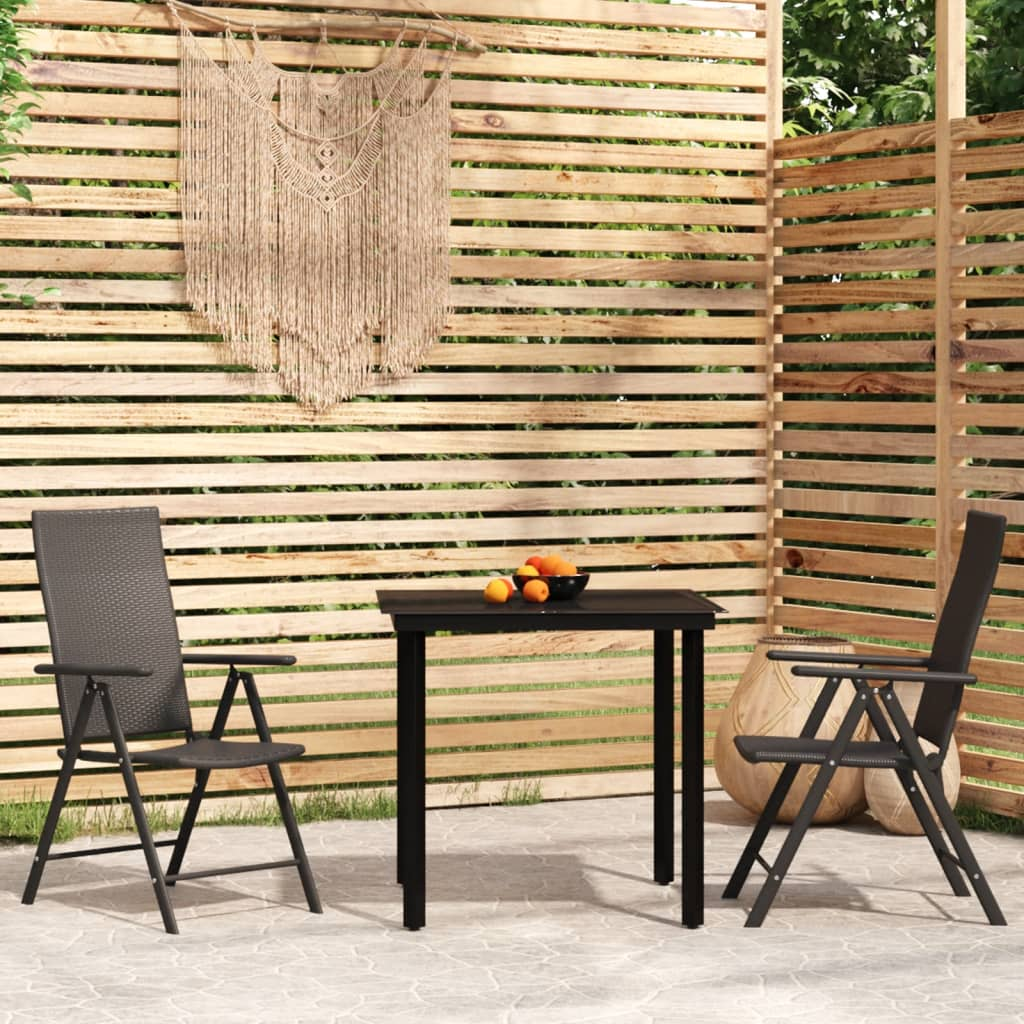 vidaXL 3 Piece Patio Dining Set Black - Outdoor Steel Frame Table with Glass Top and PE Rattan Chairs
