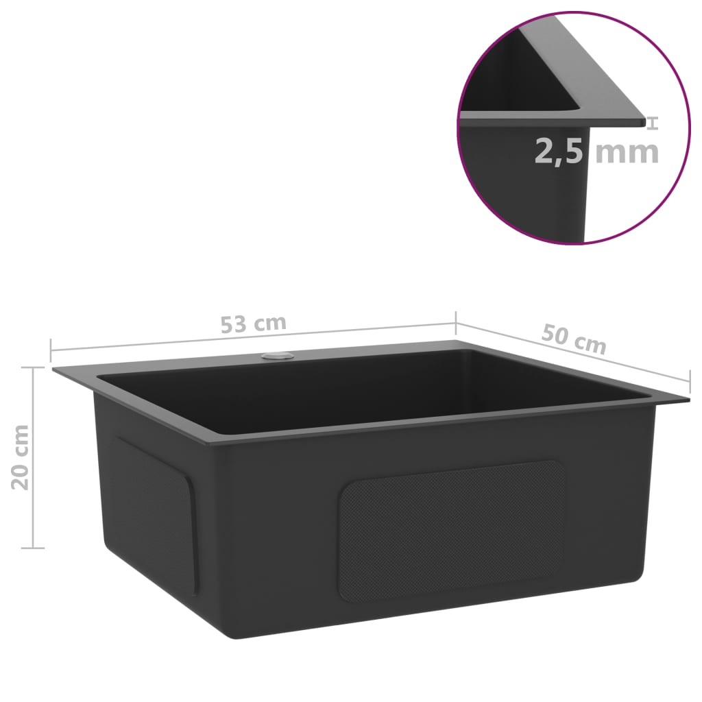 vidaXL Handmade Kitchen Sink Black Stainless Steel - Contemporary Design, High-Grade Stainless Steel, Soundproofing, Easy Installation