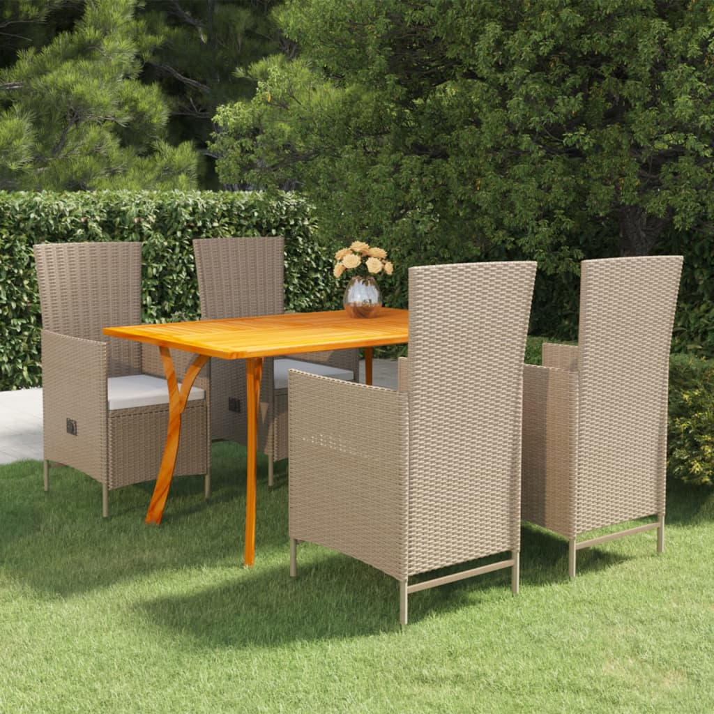 vidaXL 5 Piece Patio Dining Set Beige - Solid Acacia Wood Table, PE Rattan Chairs, Cream White Cushions