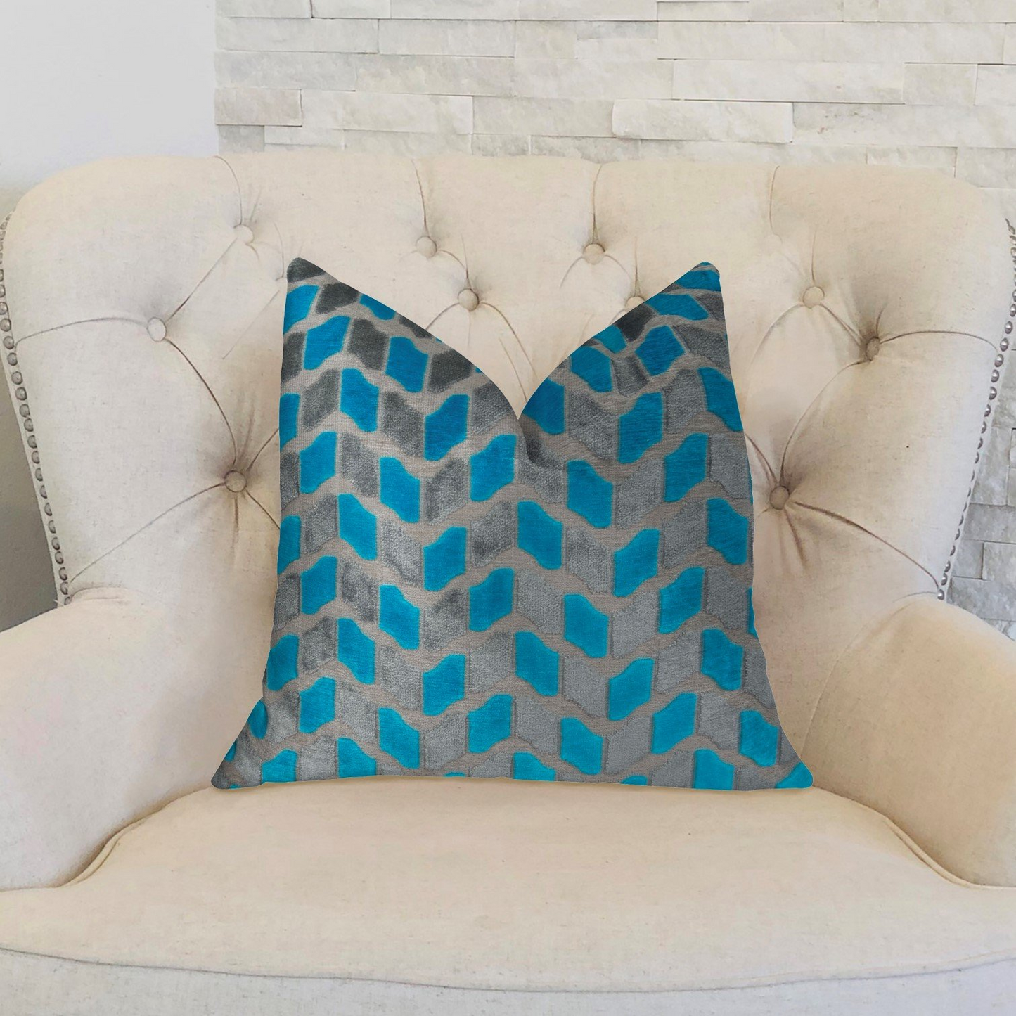 Castle Crest Turquoise and Gray Handmade Luxury Pillow - Designer Plutus