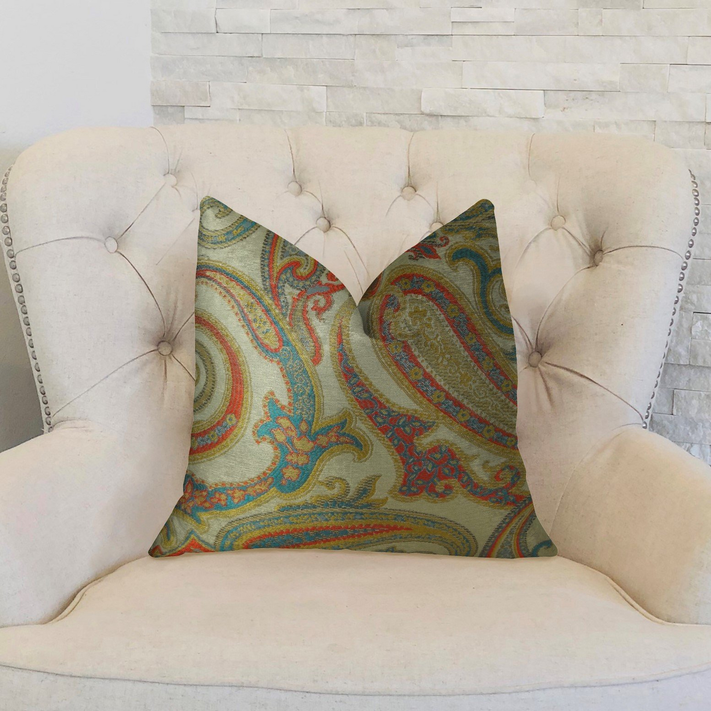 Paisley Bay Cream Red and Blue Handmade Luxury Pillow - Elegant and Radiant Decor