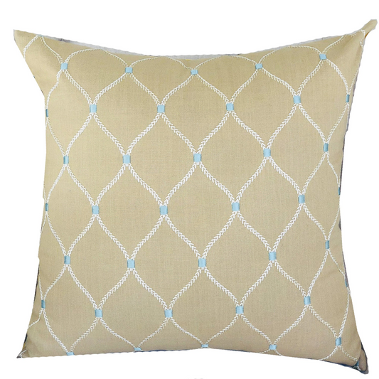 Abby Taupe White and Blue Handmade Luxury Pillow - Designer Plutus Pillow