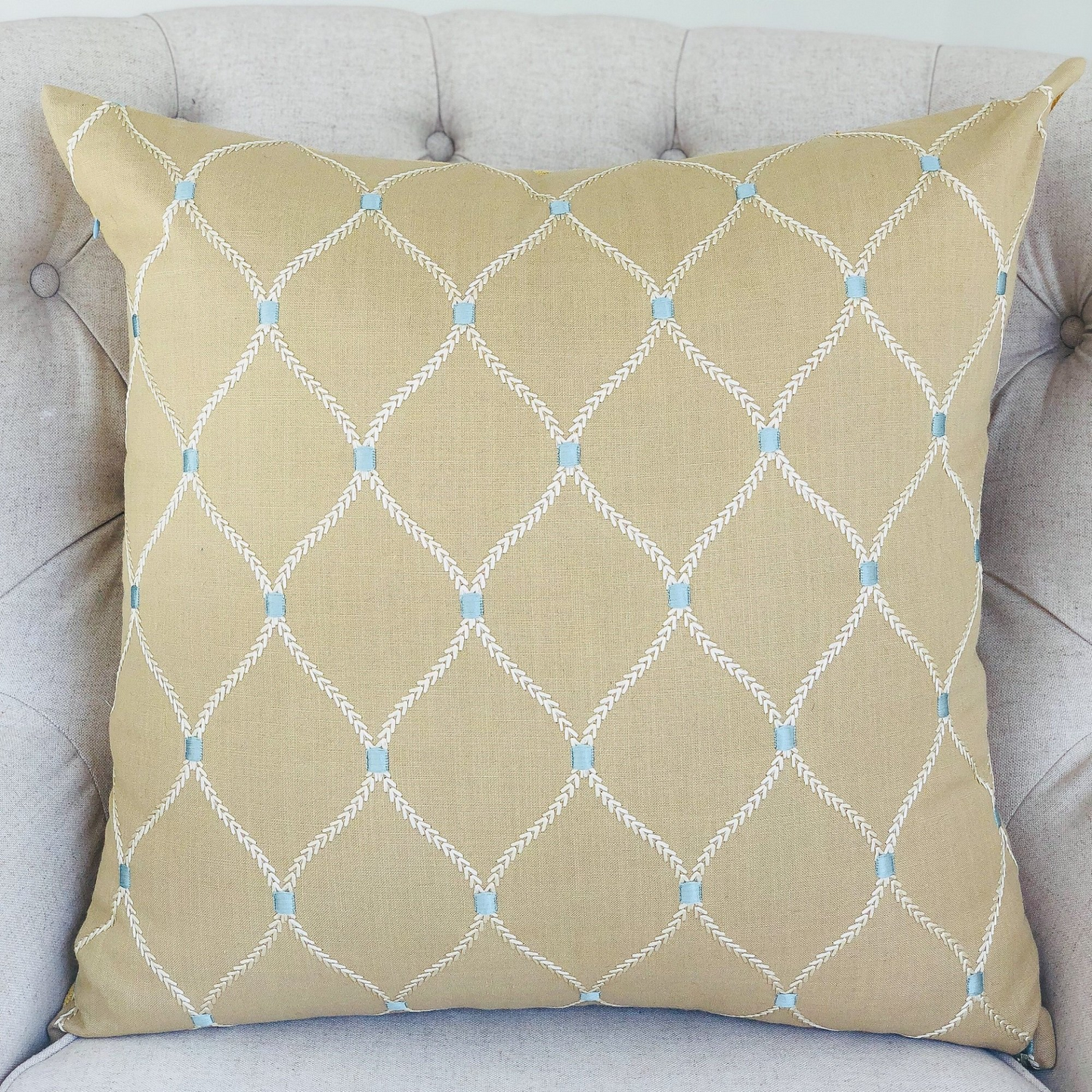 Abby Taupe White and Blue Handmade Luxury Pillow - Designer Plutus Pillow