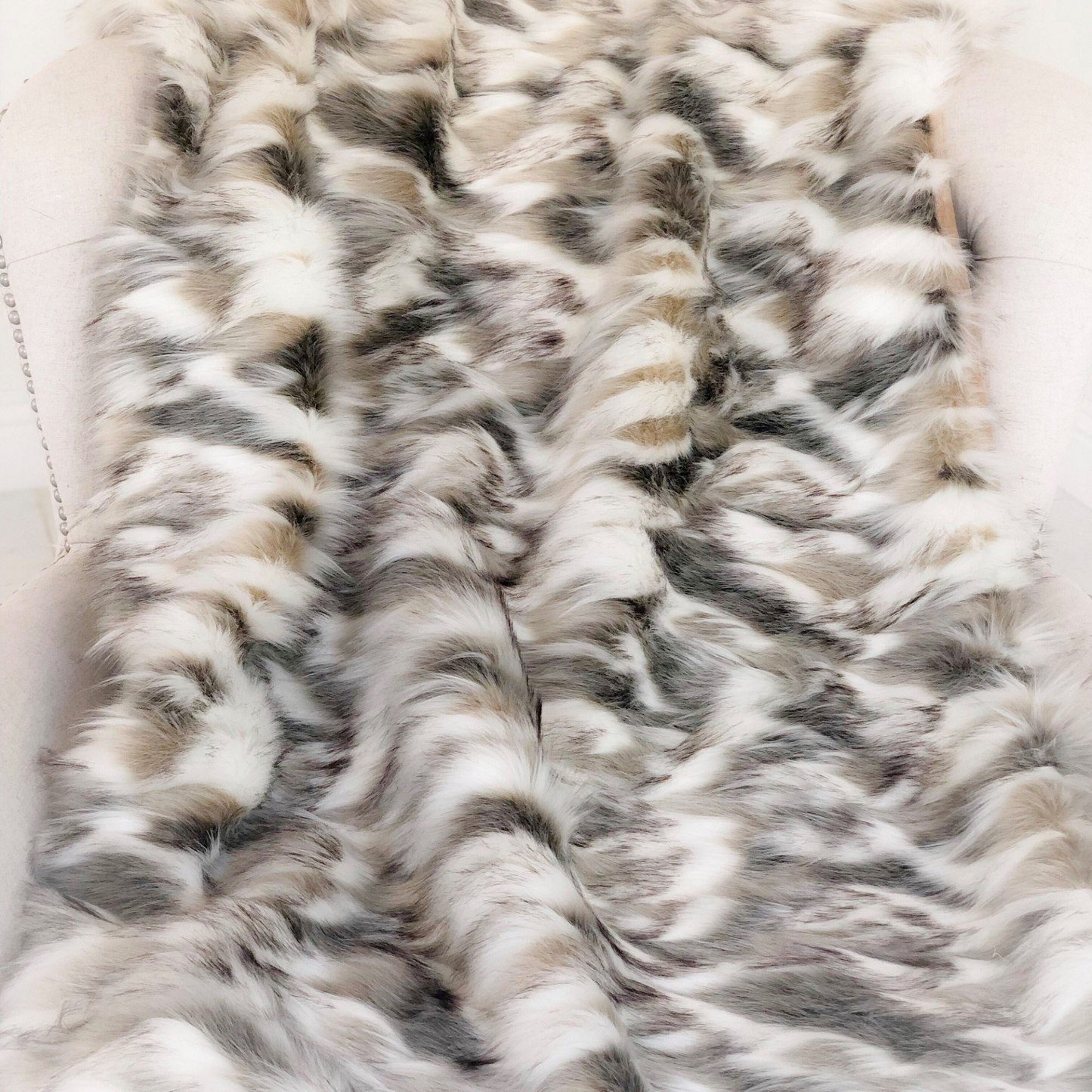 Tibet Faux Fox Handmade Luxury Throw - Elegant Ivory Beige and Gray Colors