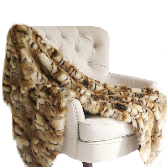 Brandy Gold and White Faux Fox Handmade Luxury Throw - Designer White and Gold Fox Faux Fur | Made in USA