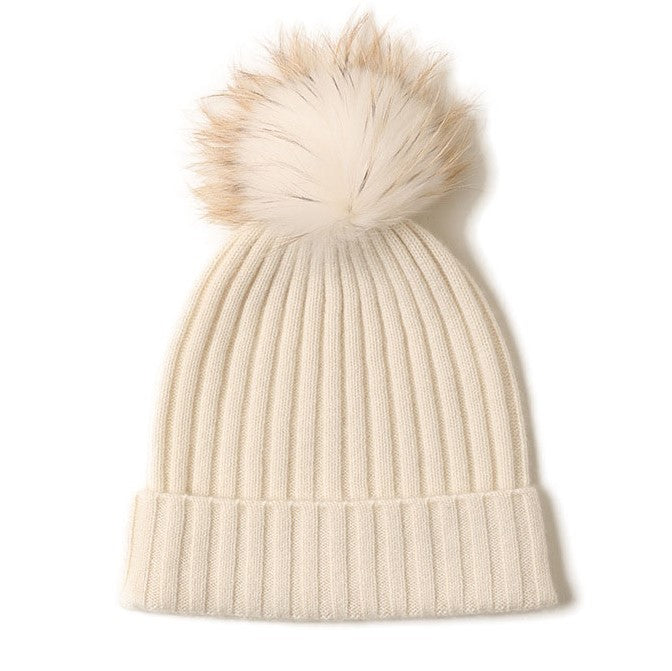 Cashmere Ribbed Beanie with Eco PomPom Mont Blanc Woolwhite