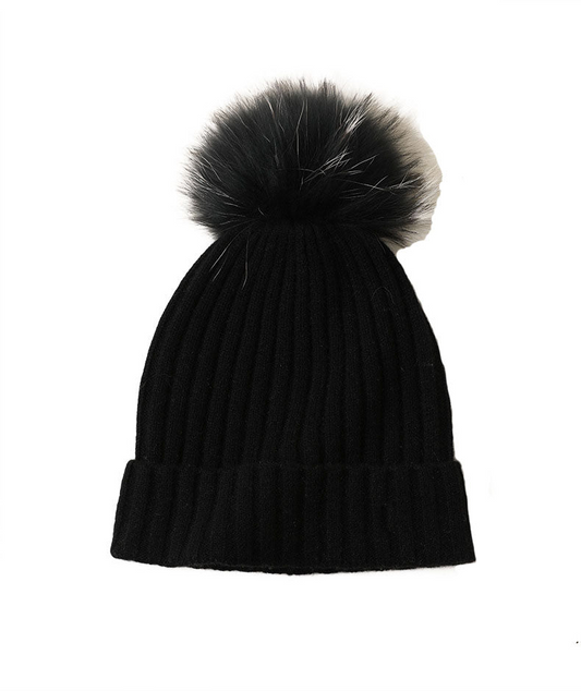 Cashmere Ribbed Beanie with Eco PomPom Mont Blanc Black