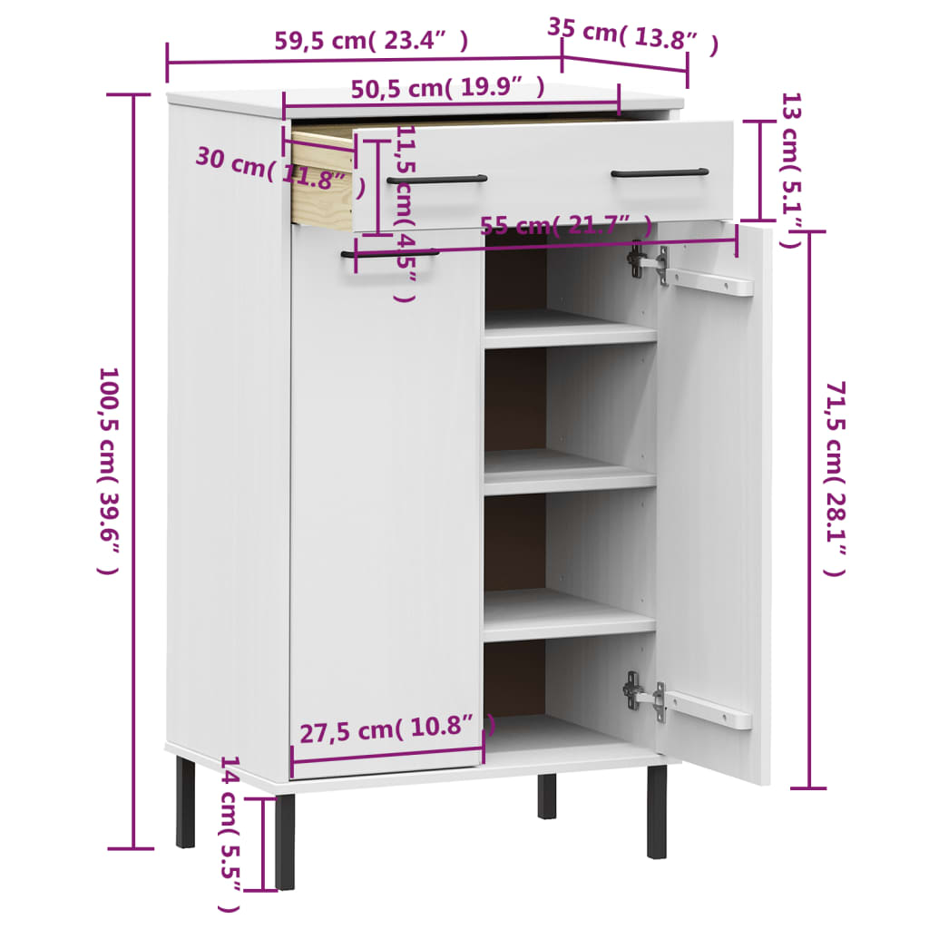 vidaXL Shoe Rack with Metal Legs White Solid Wood Pine OSLO