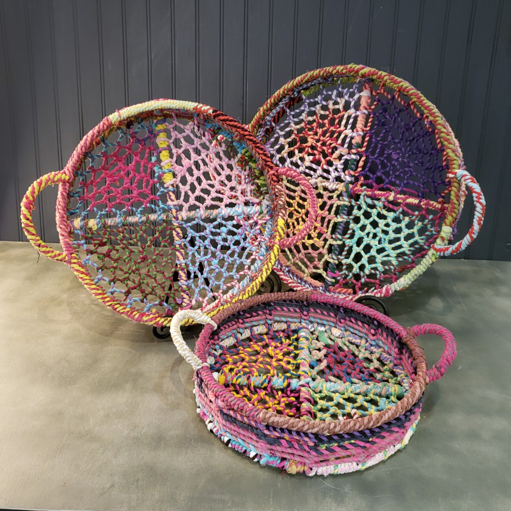 Handmade Set Of 3 Rainbow Round Nesting Jute Trays