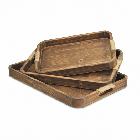 "20"" Brown Rectangular Wood Handmade Tray With Handles"