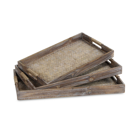 "Set Of Three 19"" Brown Rectangular Wood Handmade Trays With Handles"