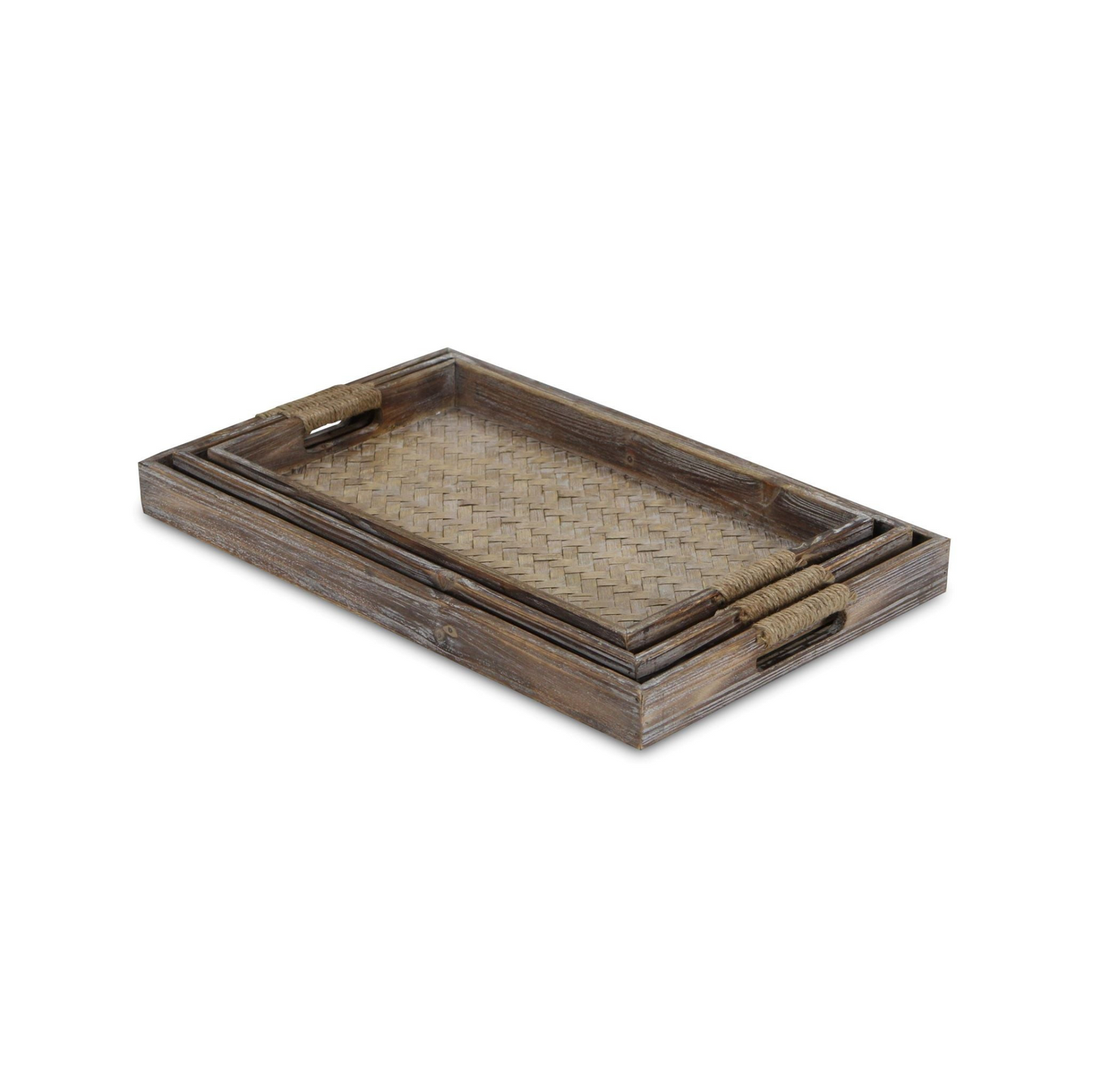 Set Of Three 19" Brown Rectangular Wood Handmade Trays With Handles