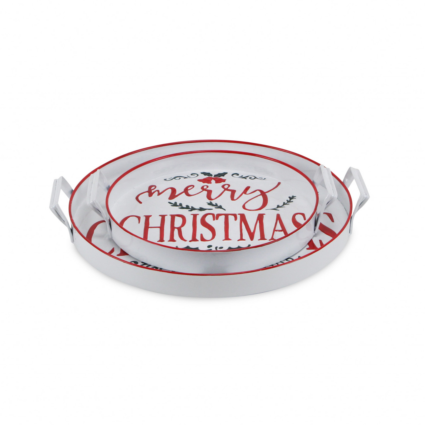 18" White Round Metal Christmas Handmade Tray With Handles