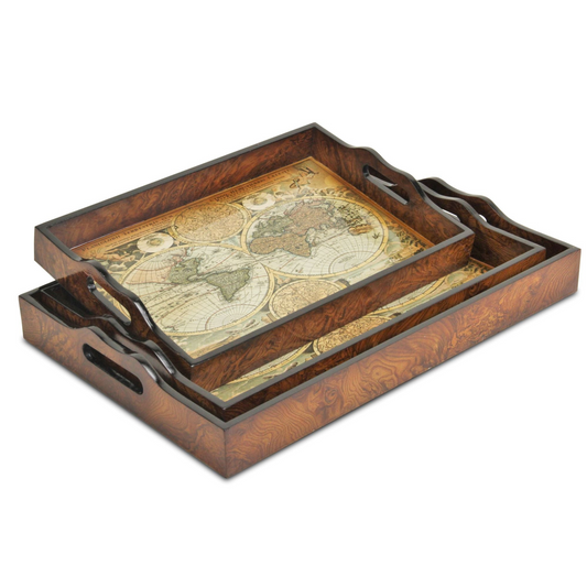 "Set Of Three 19"" Brown Burl Wood Vintage Map Design Handmade Trays With Handles"