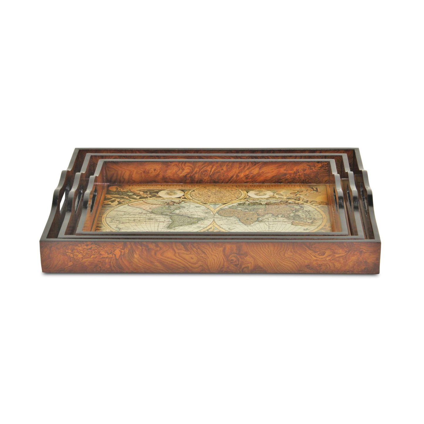 Set of Three 19" Brown Burl Wood Vintage Map Design Handmade Trays with Handles