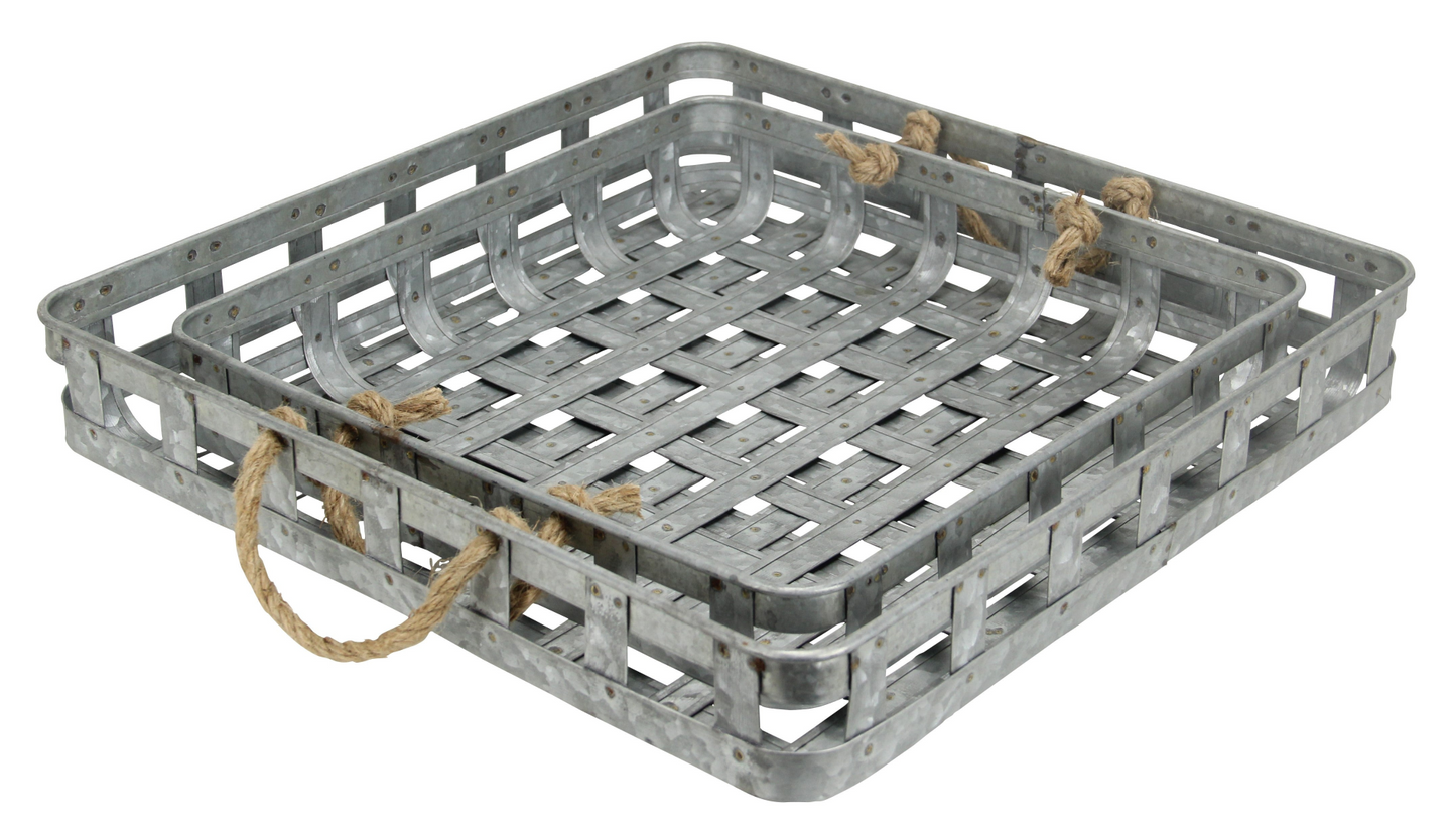 Set Of Two 17" Gray Rectangular Metal Handmade Trays With Rope Handles - Elegant Home Decor
