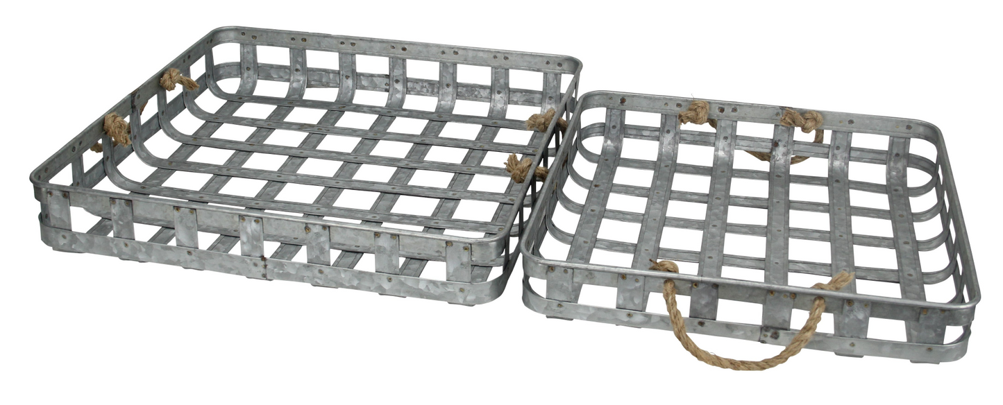 Set Of Two 17" Gray Rectangular Metal Handmade Trays With Rope Handles - Elegant Home Decor