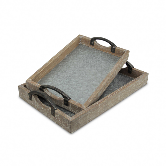 "19"" Gray Rectangular Metal Handmade Tray With Handles"