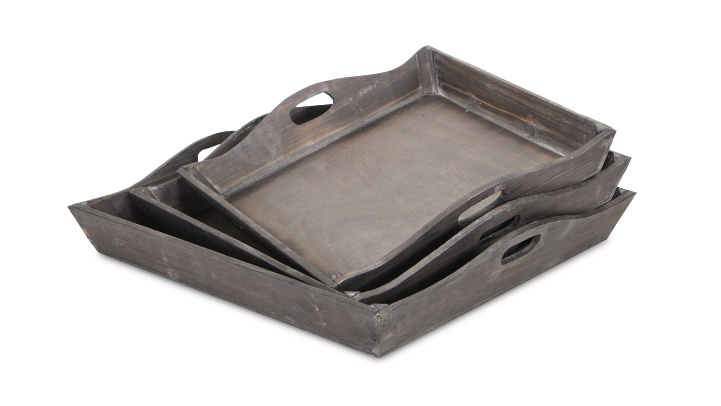 Set Of Three Rustic Brown Wood Handmade Trays With Handles