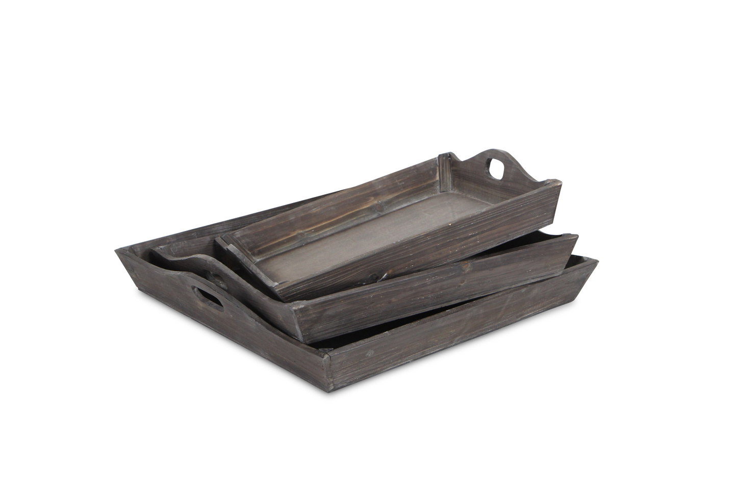 Set Of Three Rustic Brown Wood Handmade Trays With Handles