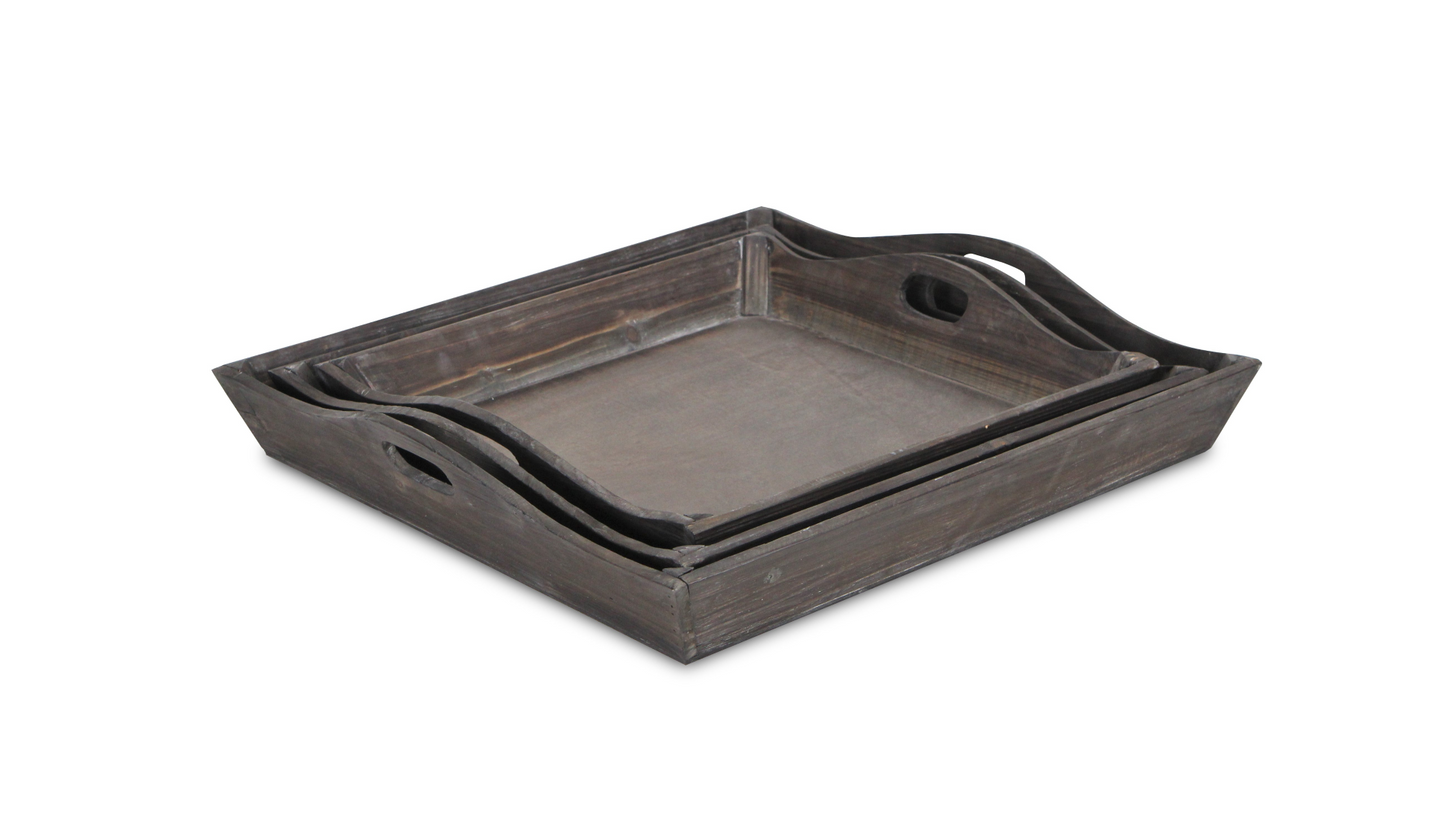 Set Of Three Rustic Brown Wood Handmade Trays With Handles