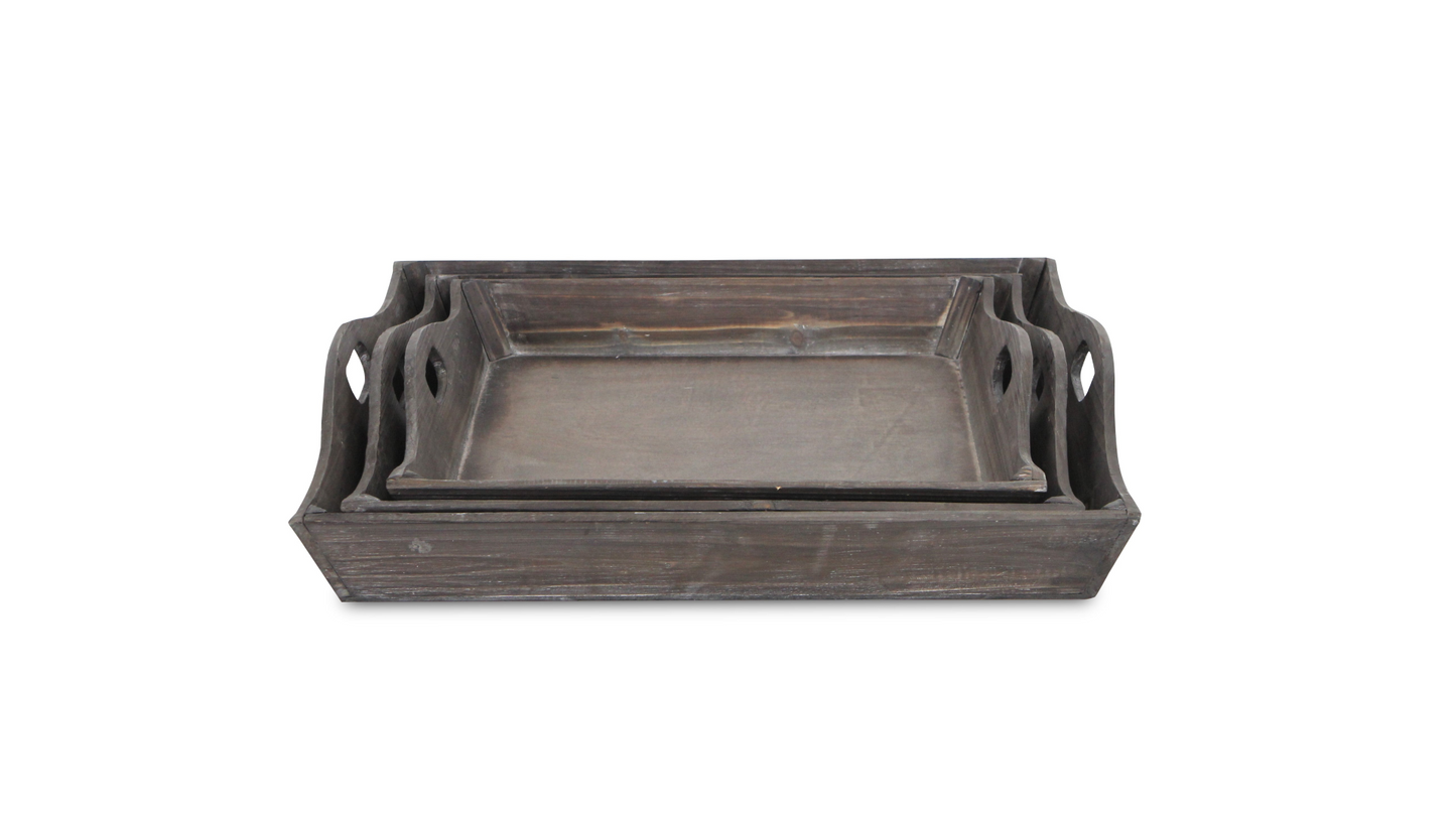 Set Of Three Rustic Brown Wood Handmade Trays With Handles