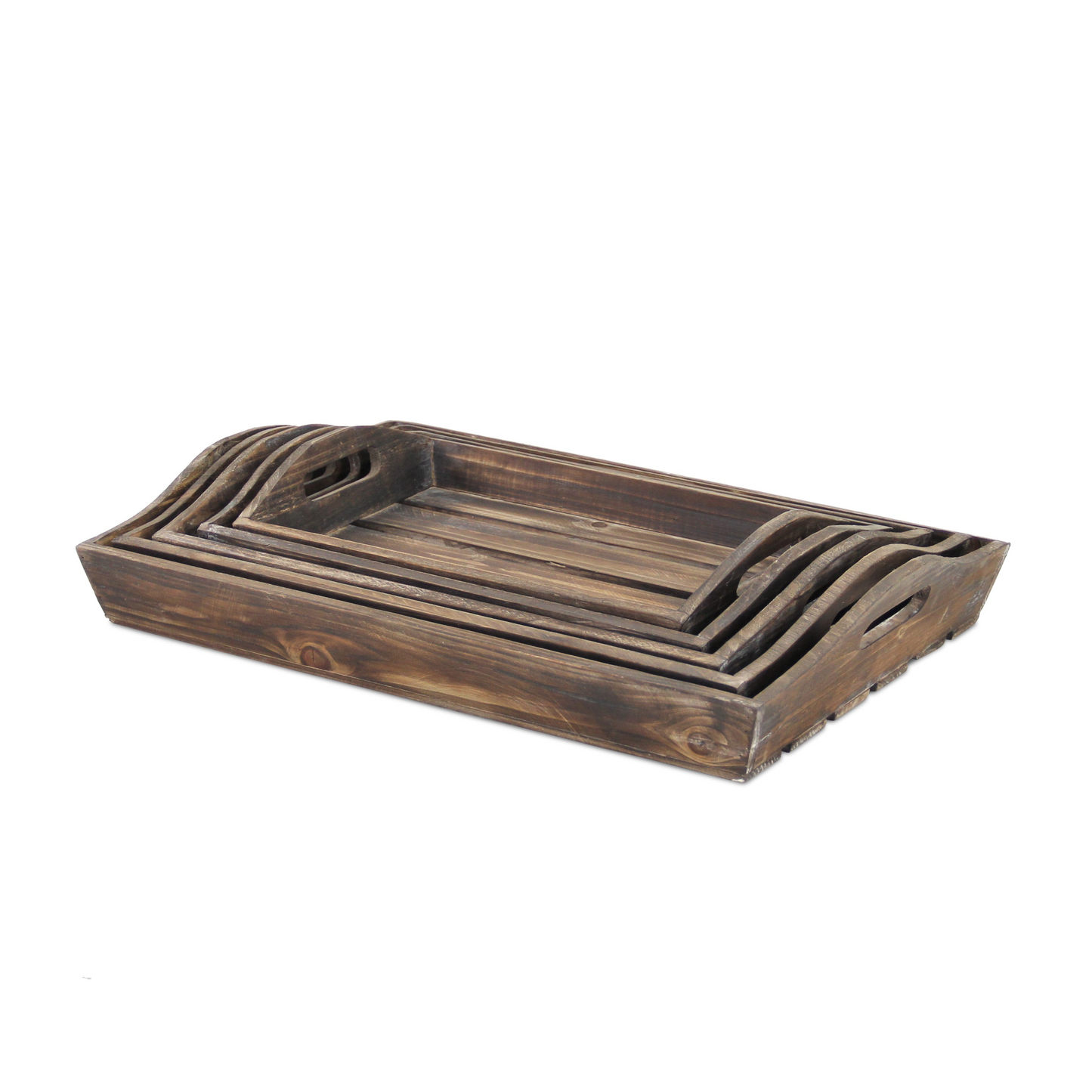 Set Of 5 Rustic Natural Brown Wood Handmade Trays With Handles