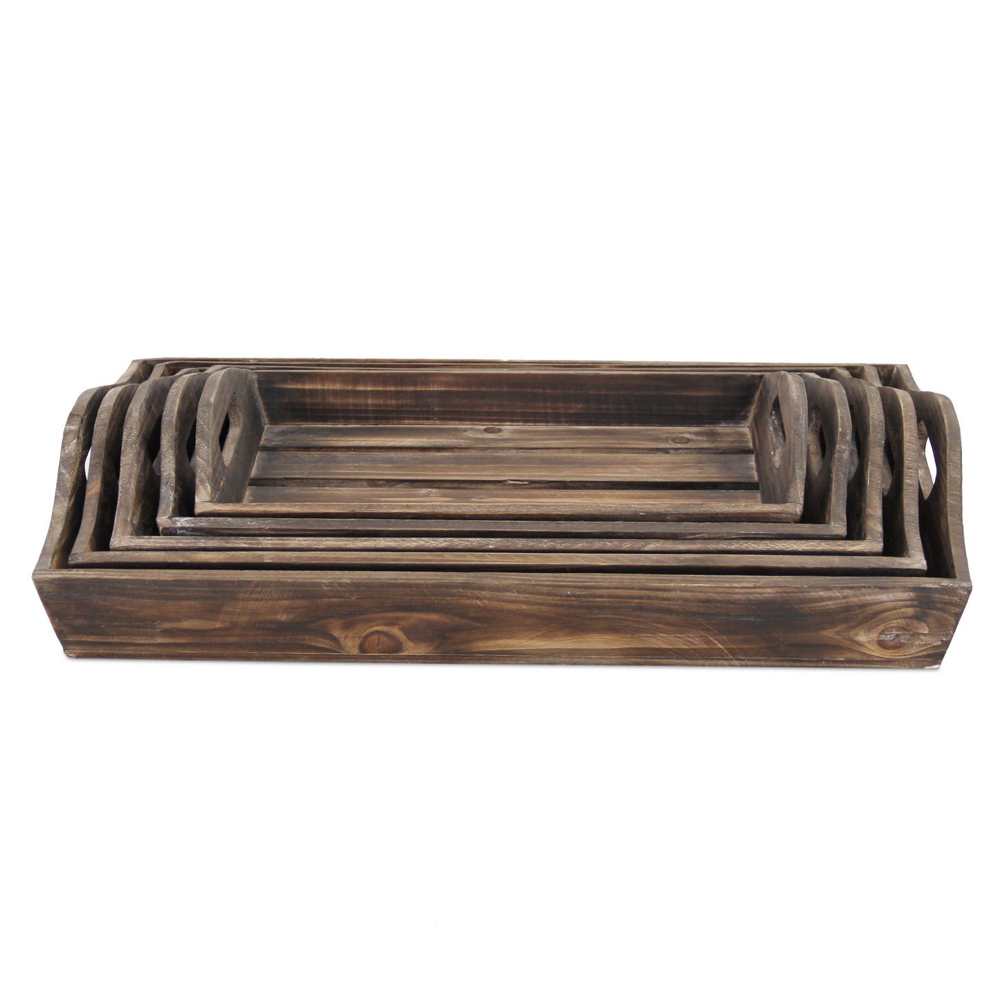 Set Of 5 Rustic Natural Brown Wood Handmade Trays With Handles